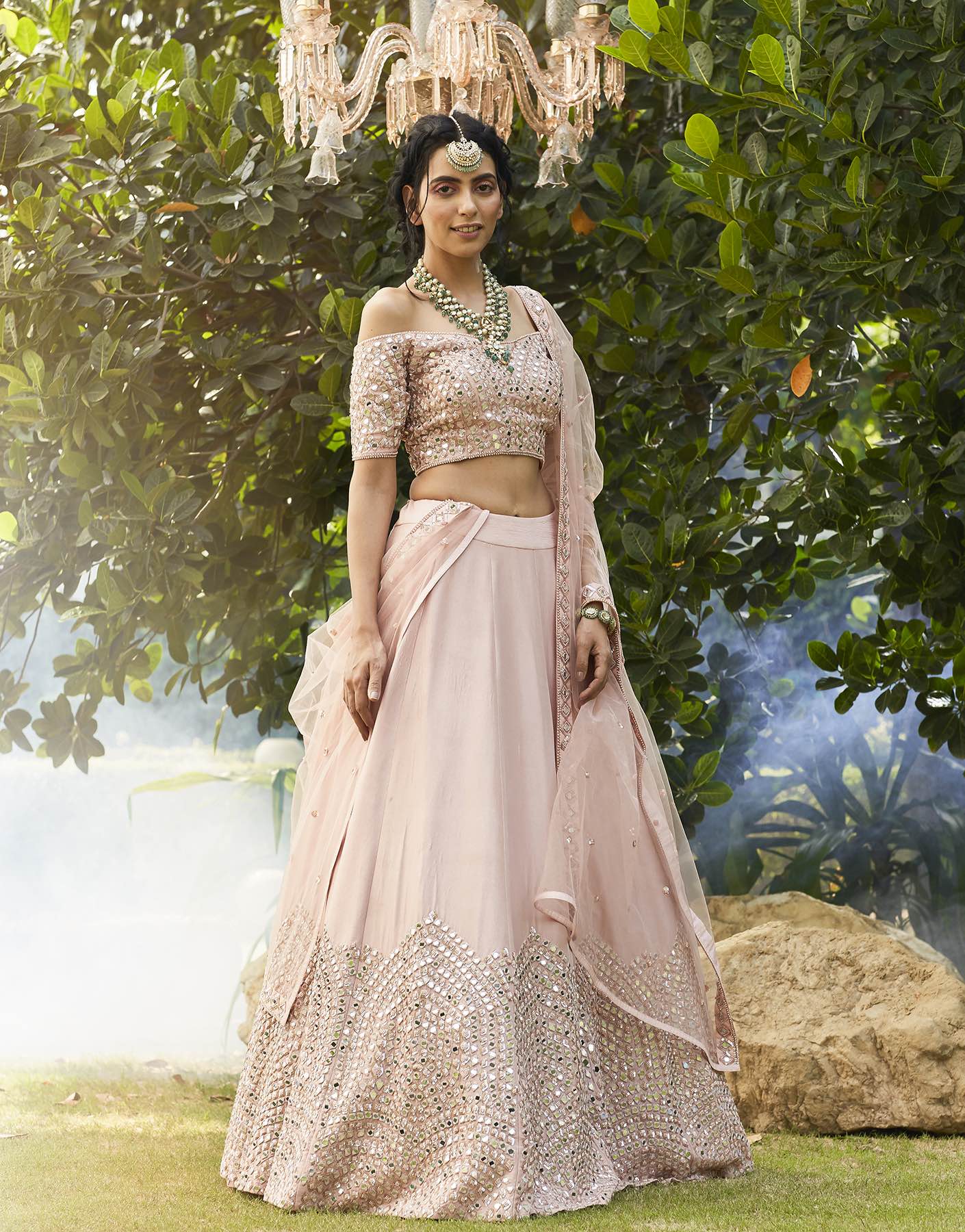 Off Shoulder Mirror Embellished Blouse & Lehenga Set - Akilah