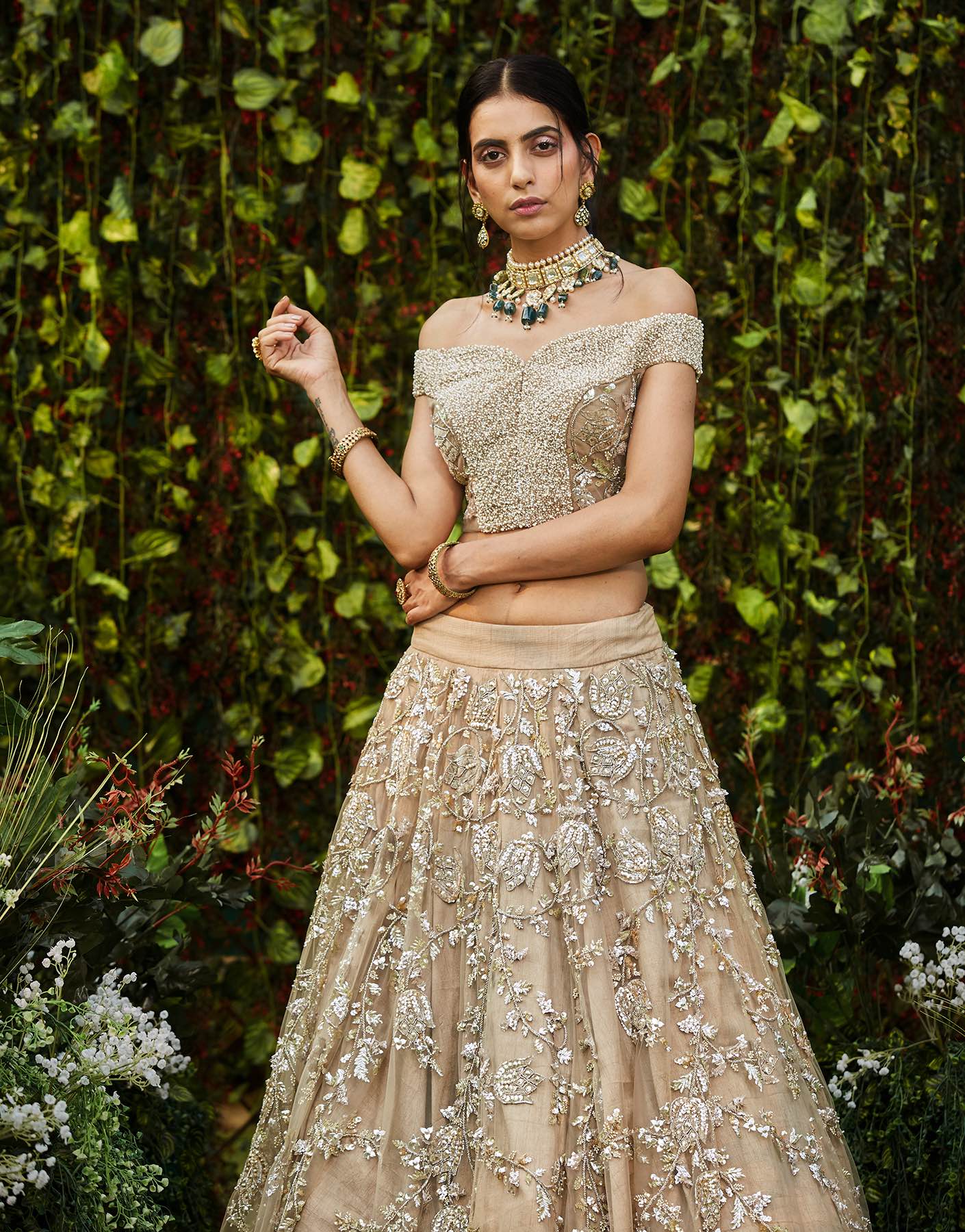 Champagne Lehenga Set With Sequins Work - Akilah
