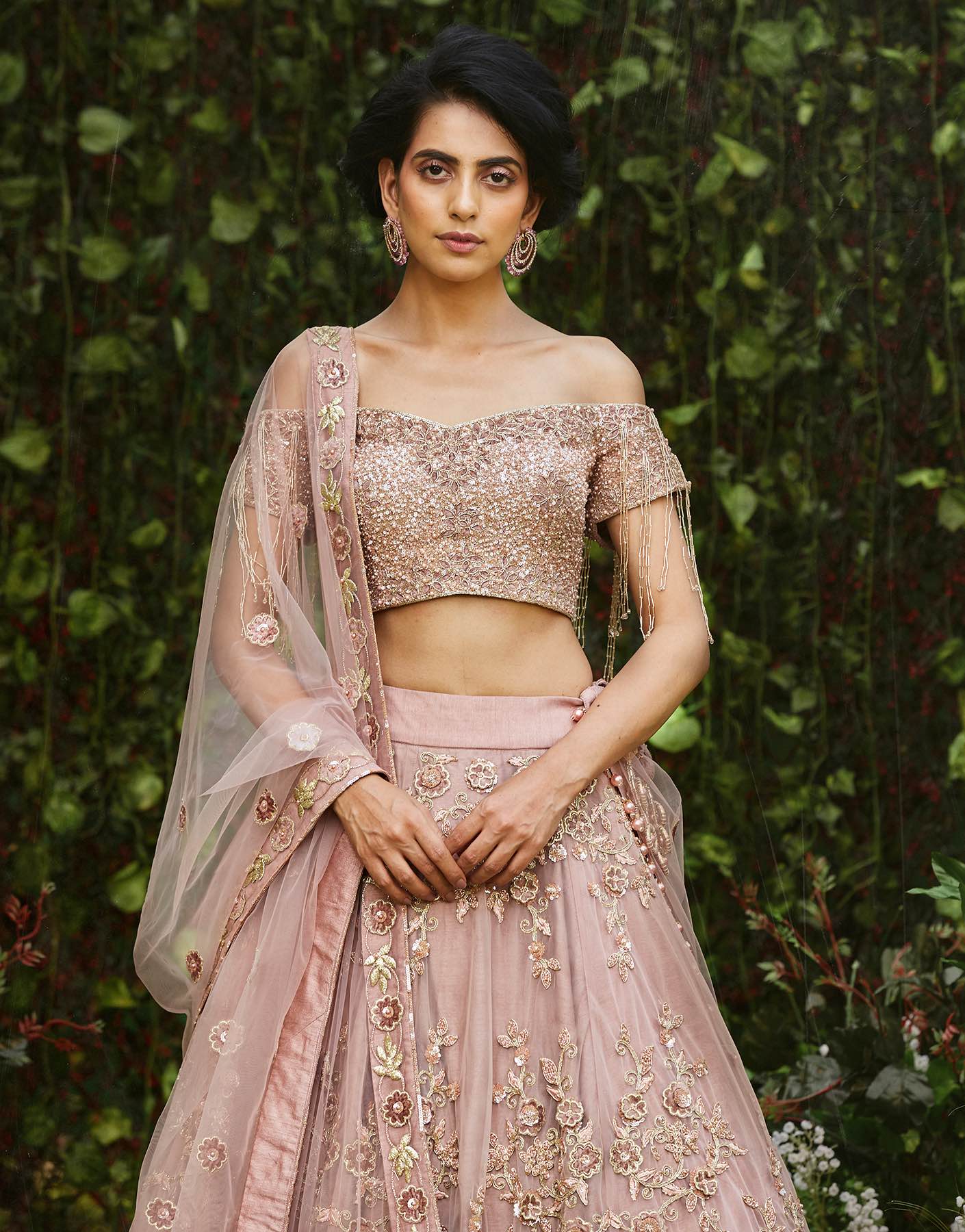 Hand Embroidered Off Shoulder Blouse & Lehenga Set - Akilah