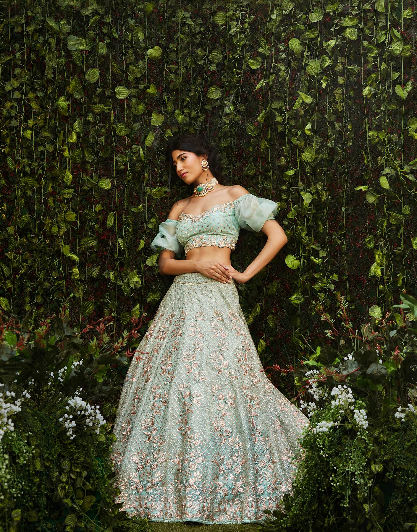 Hand Embroidered Off Shoulder Blouse & Lehenga Set - Akilah