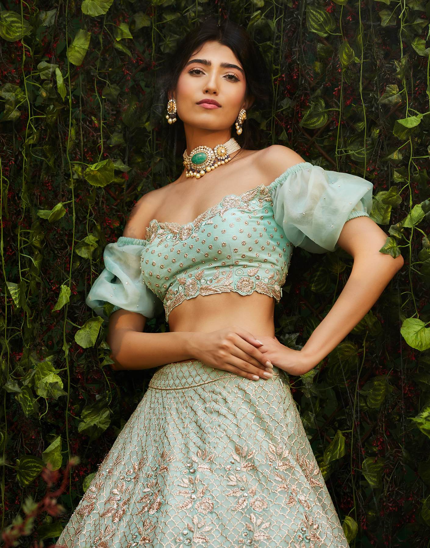 Hand Embroidered Off Shoulder Blouse & Lehenga Set - Akilah