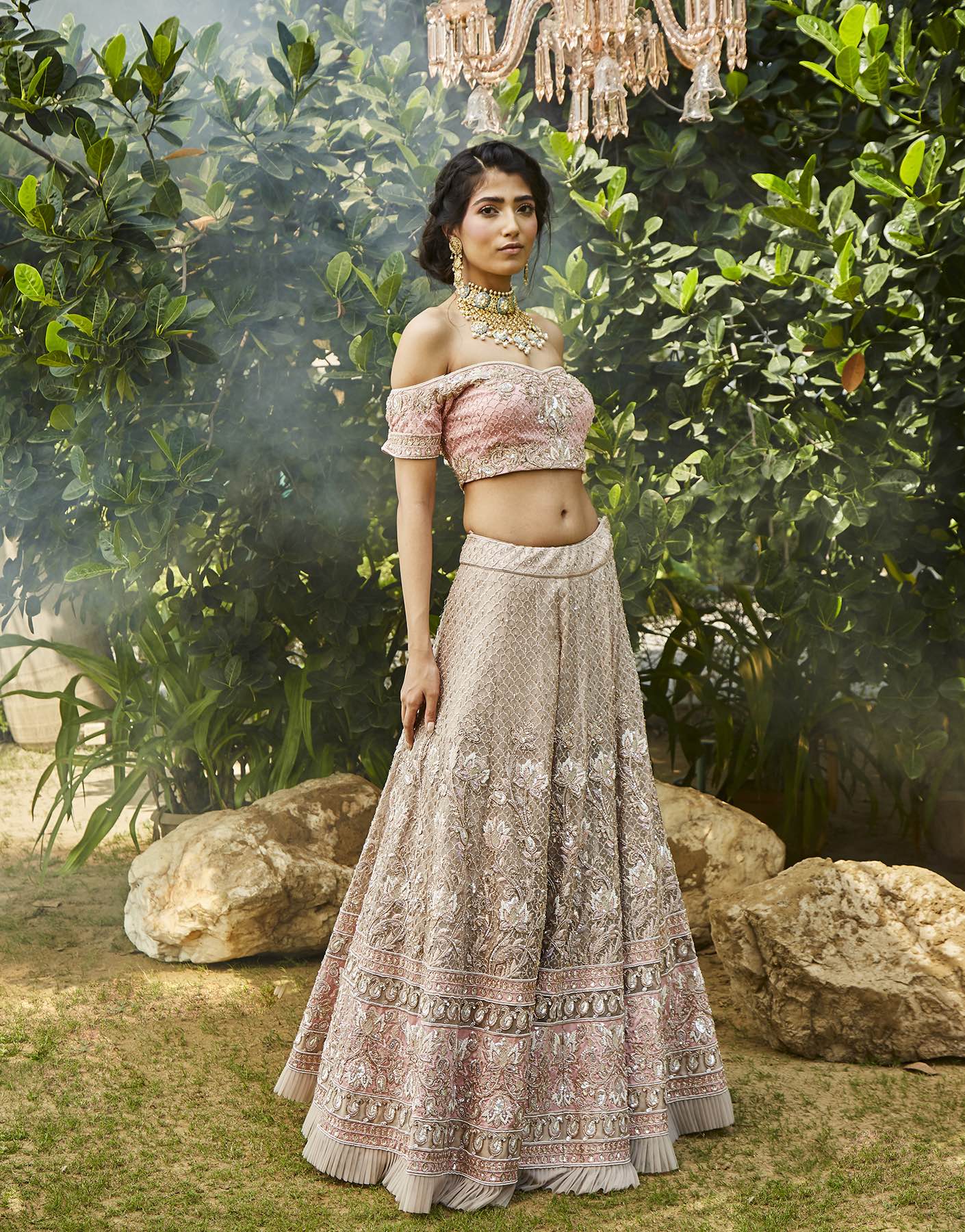 Hand Embroidered Off Shoulder Blouse & Lehenga Set - Akilah
