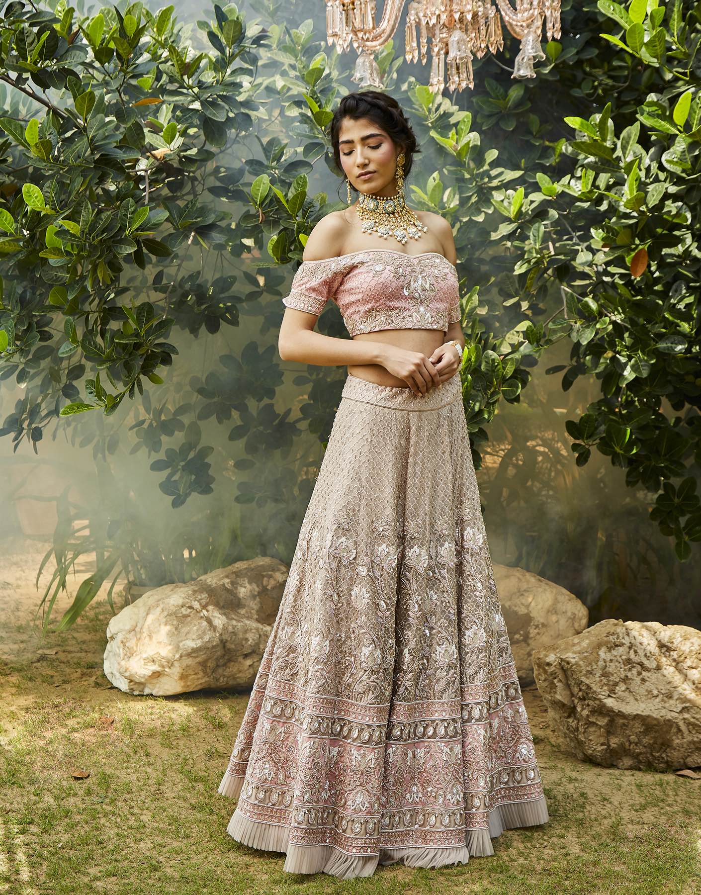 Hand Embroidered Off Shoulder Blouse & Lehenga Set - Akilah