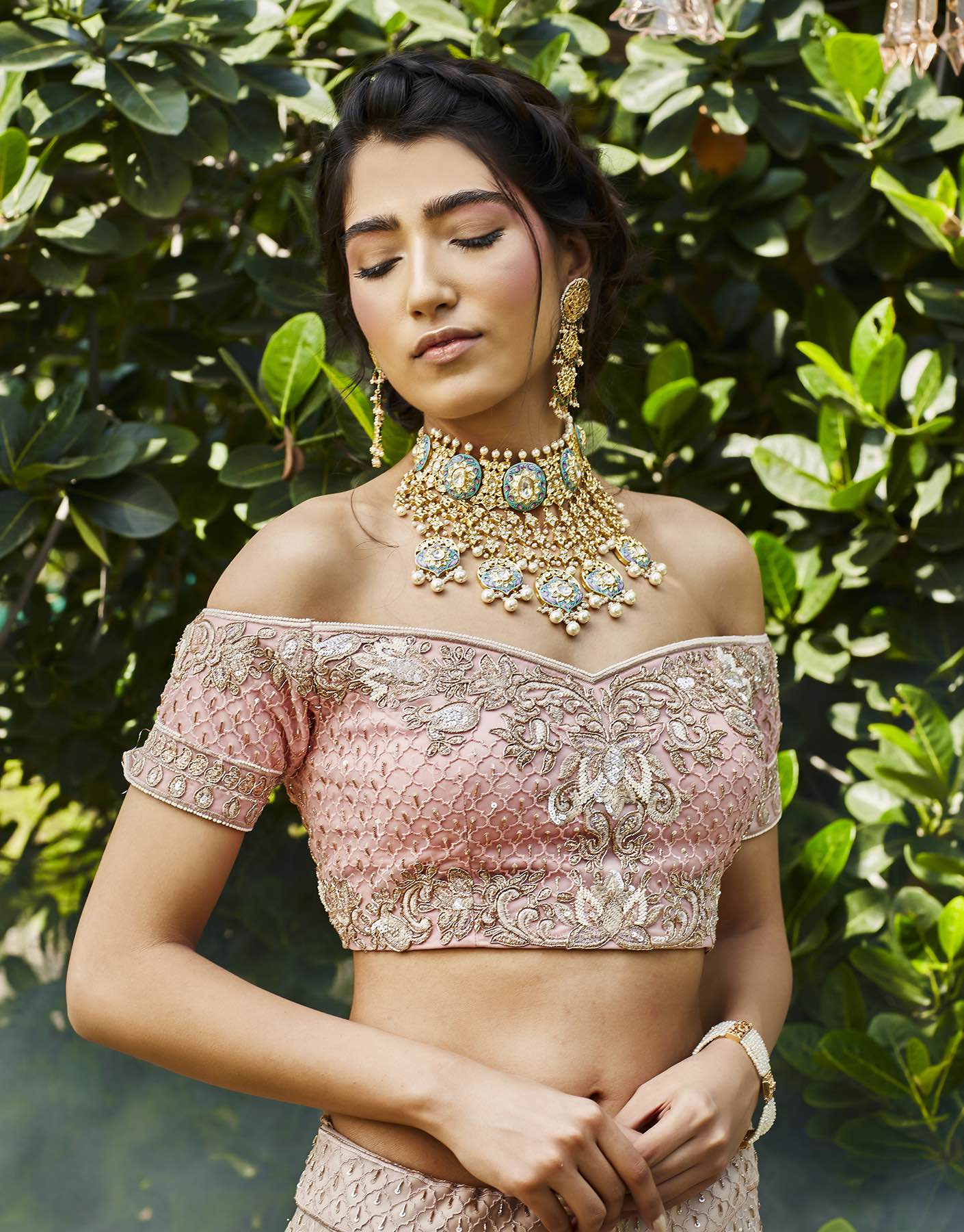 Hand Embroidered Off Shoulder Blouse & Lehenga Set - Akilah