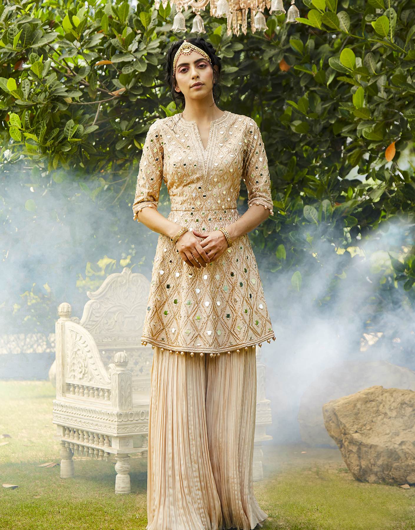 Champagne Peplum Kurta With Sharara Set - Akilah