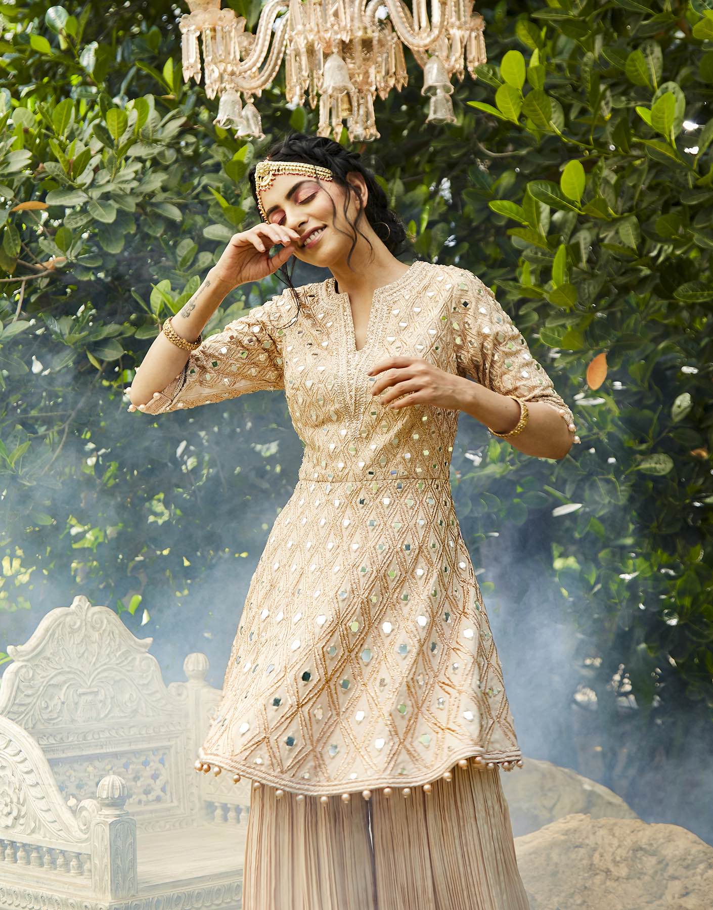 Champagne Peplum Kurta With Sharara Set - Akilah