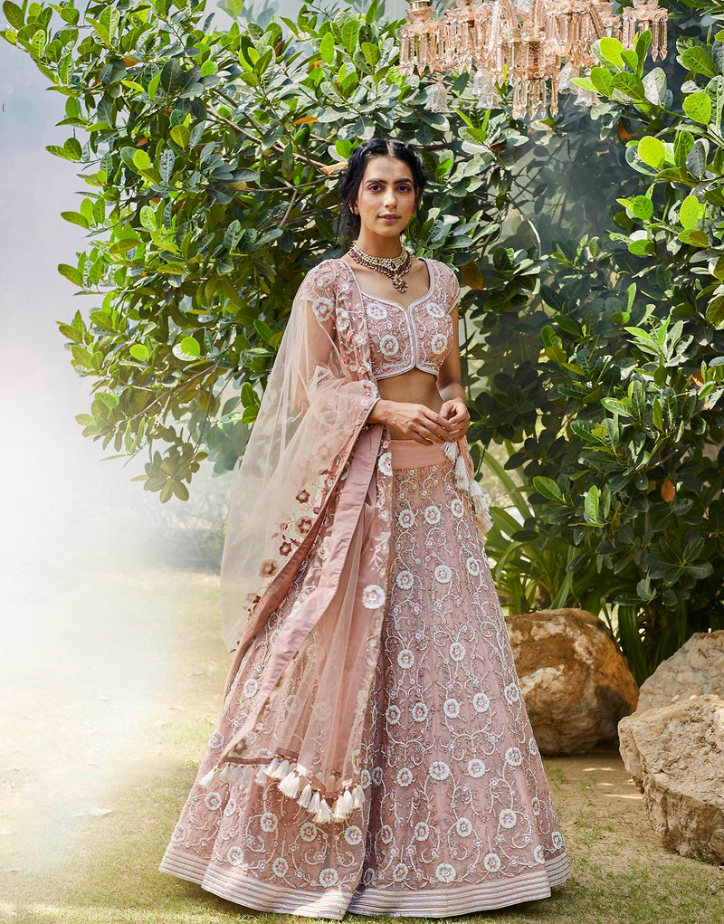 Buy Beige Bridal Lehenga Set In Raw Silk With Jaal Embroidery And Pearl  Tassels
