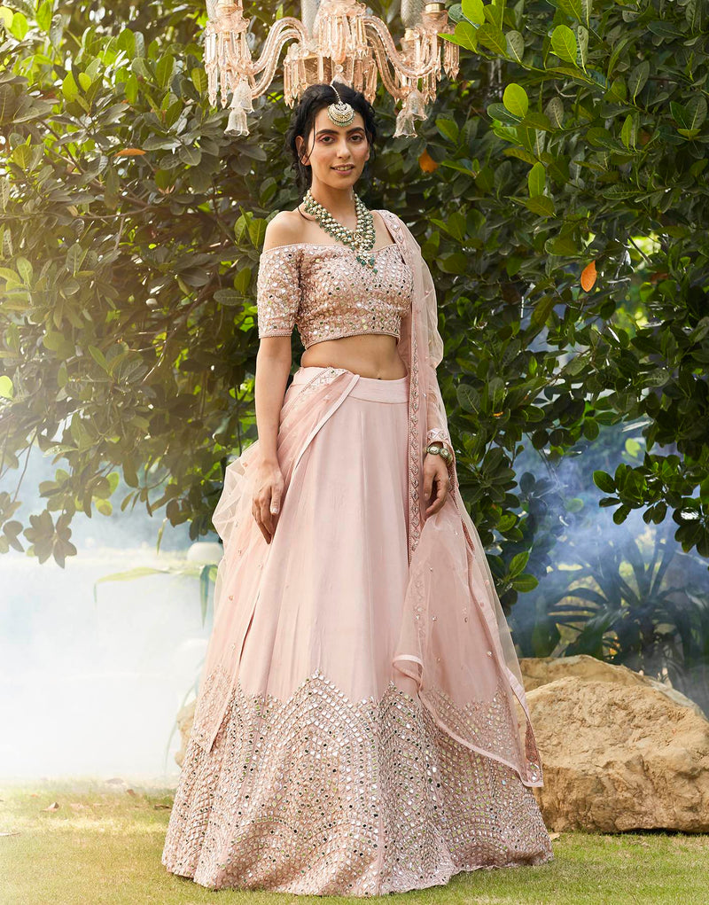 PETAL PINK LEHENGA SET WITH SELF AND SHADE COLOURED HAND EMBROIDERY PAIRED  WITH A COLD SHOULDER MATCHING BLOUSE AND DUPATTA. - Seasons India