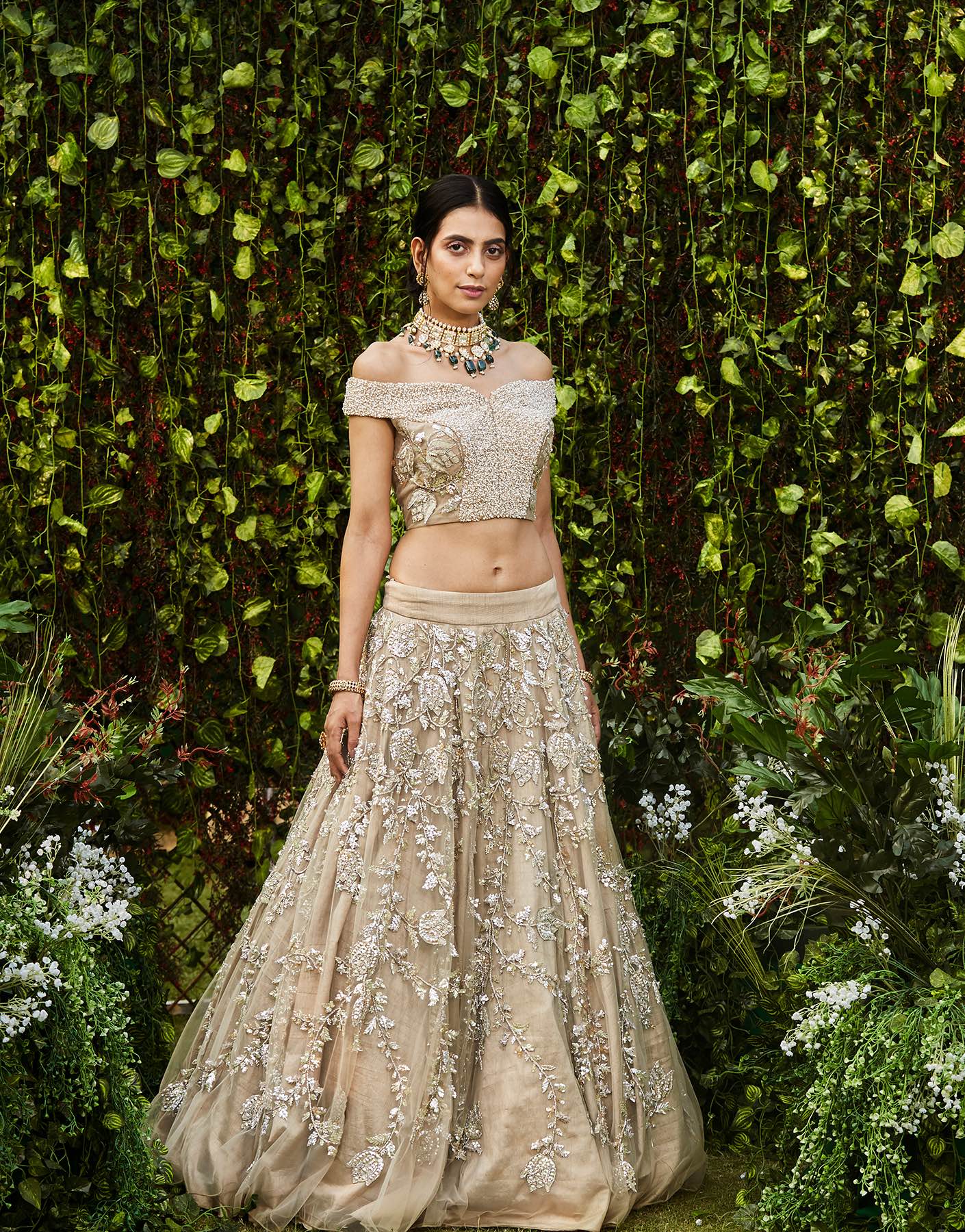 Champagne Lehenga Set With Sequins Work - Akilah