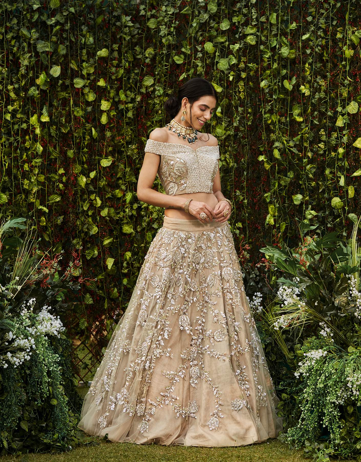 Champagne Lehenga Set With Sequins Work - Akilah