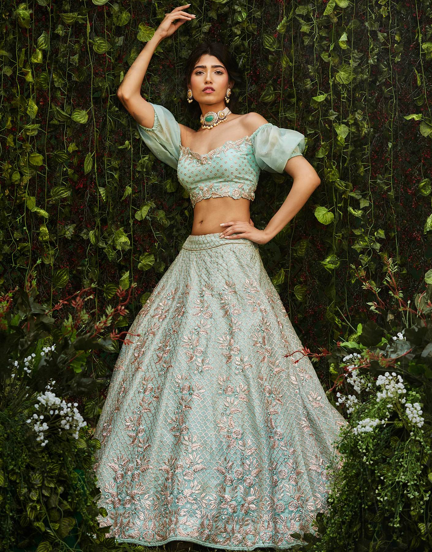 Hand Embroidered Off Shoulder Blouse & Lehenga Set - Akilah