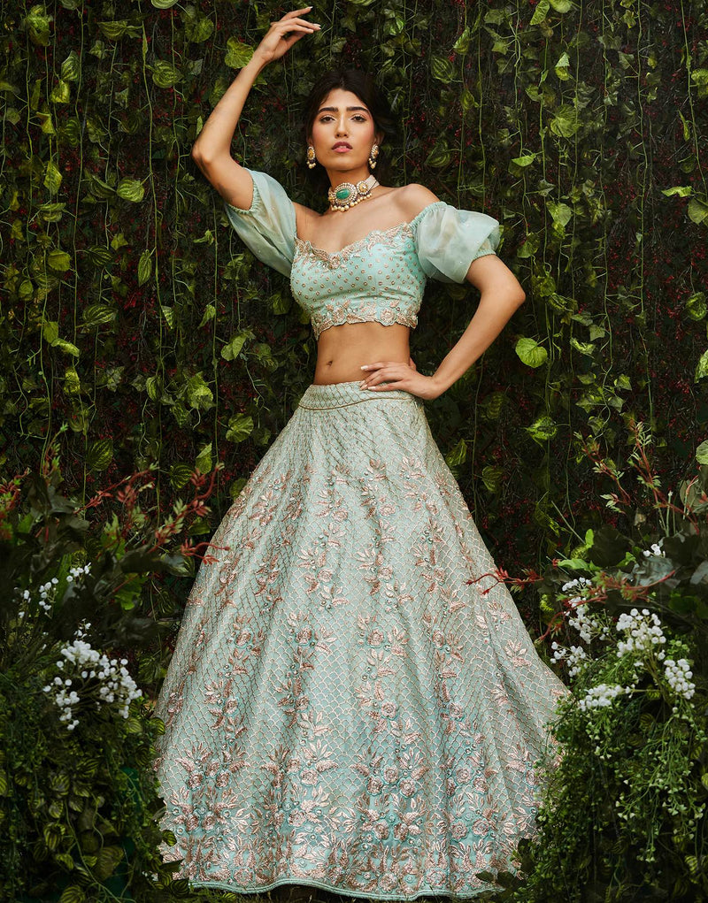 Dashing Green Lehenga With Cold Shoulder Top,New Designer Lehenga  choli,Wedding Lehnga cho… | Indian fashion dresses, Indian bridal lehenga,  Indian designer outfits