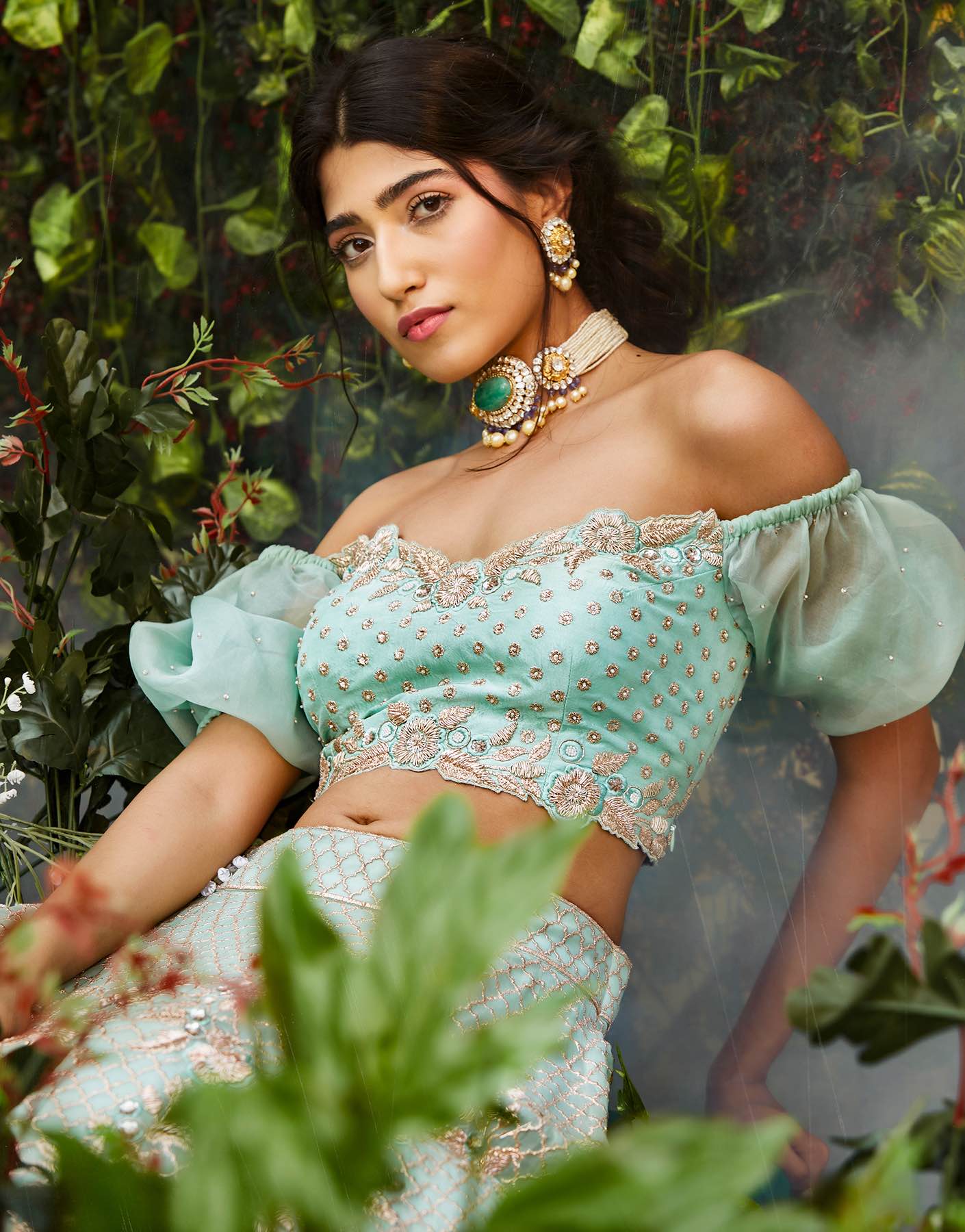 Hand Embroidered Off Shoulder Blouse & Lehenga Set - Akilah