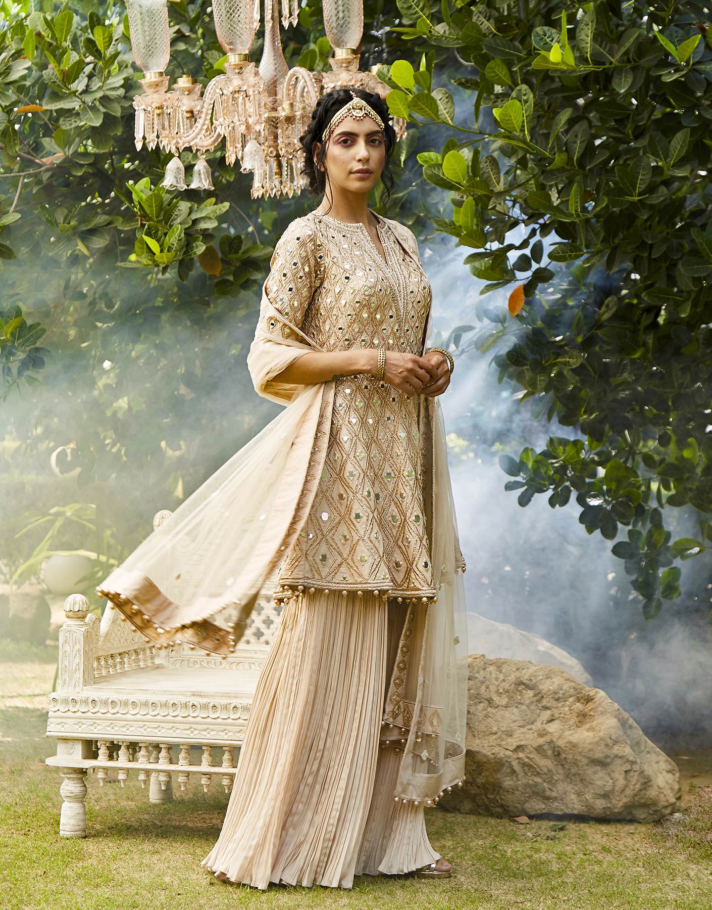 Champagne Peplum Kurta With Sharara Set - Akilah