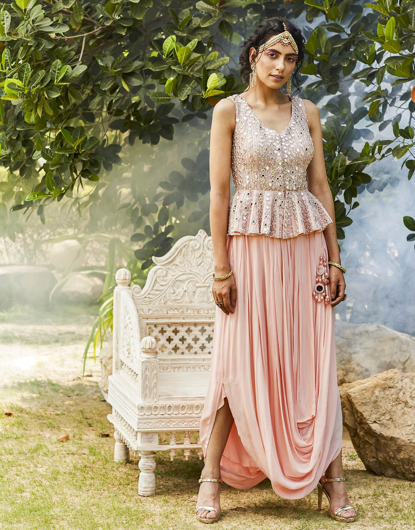 Mirror Embroidered Peplum Blouse With Draped Skirt - Akilah