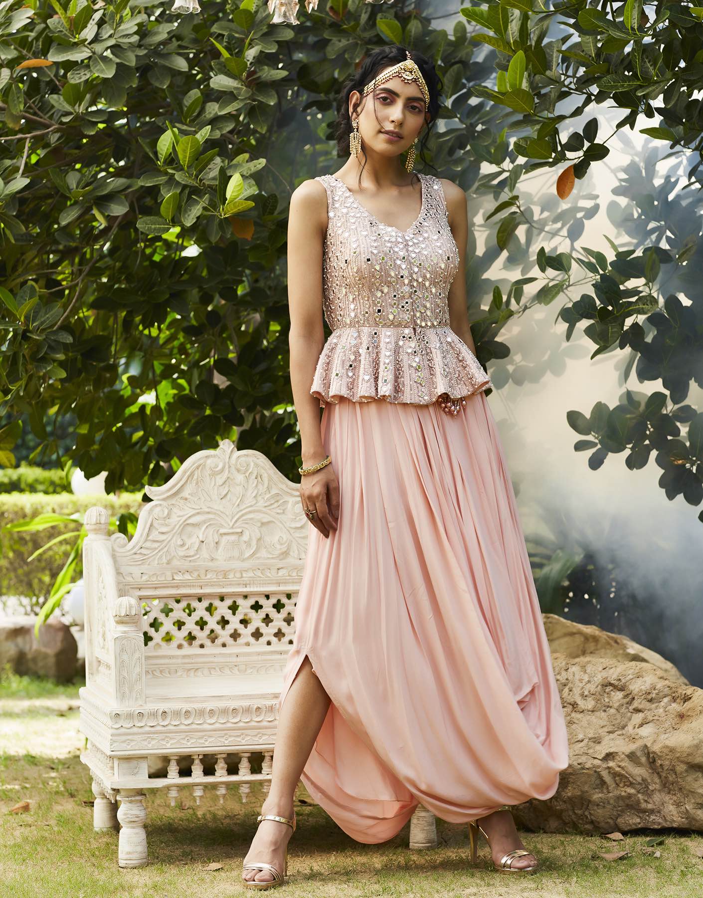 Mirror Embroidered Peplum Blouse With Draped Skirt - Akilah
