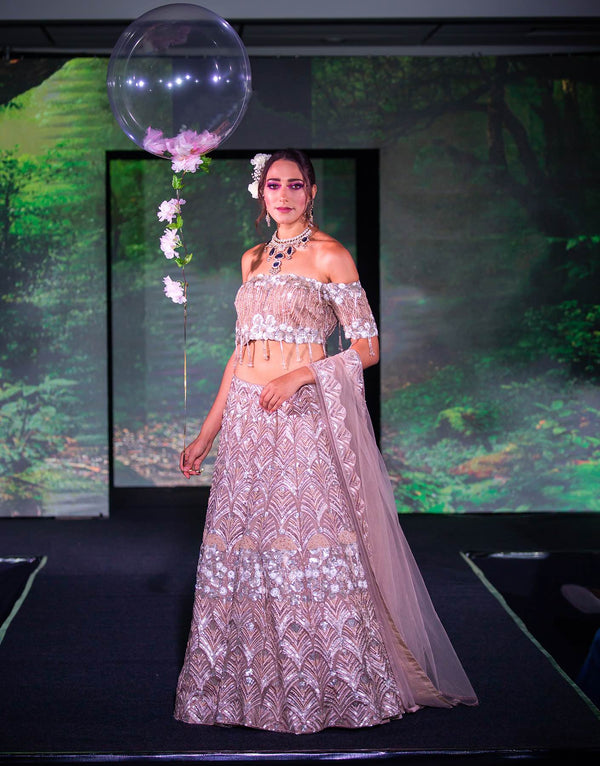 Champagne Organza Lehenga with 3D Embroidery - Akilah