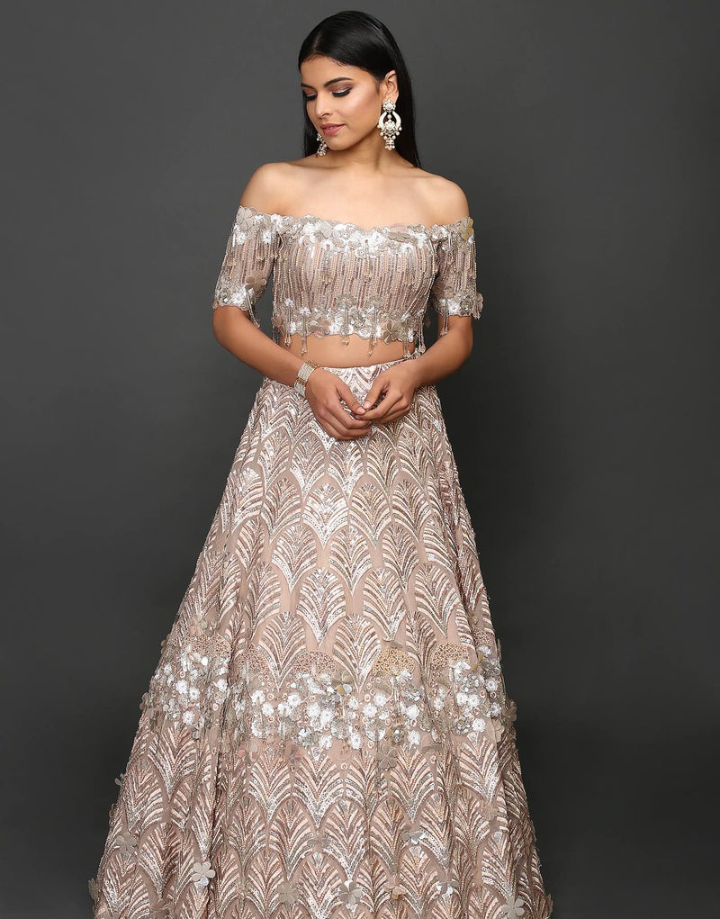 Champagne Organza Lehenga with 3D Embroidery - Akilah