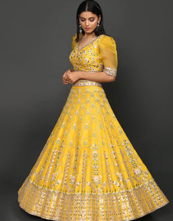 Mustard Yellow Lehenga with Gota Patti and Mirror Work - Akilah